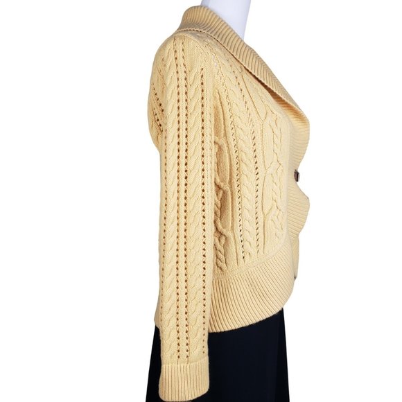 Talbots Lambswool Cable Knit Yellow Cardigan Leather Buckle Sweater MP - Picture 5 of 10